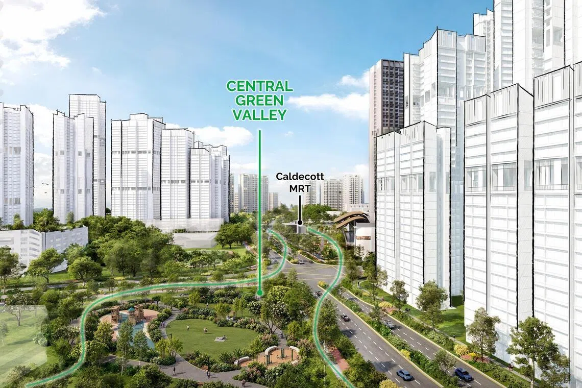 wyplan31 - A series of green spaces that form a "central green valley" will connect residents to Caldecott MRT station and a new shopping mall in Toa Payoh West.Credit: HDB