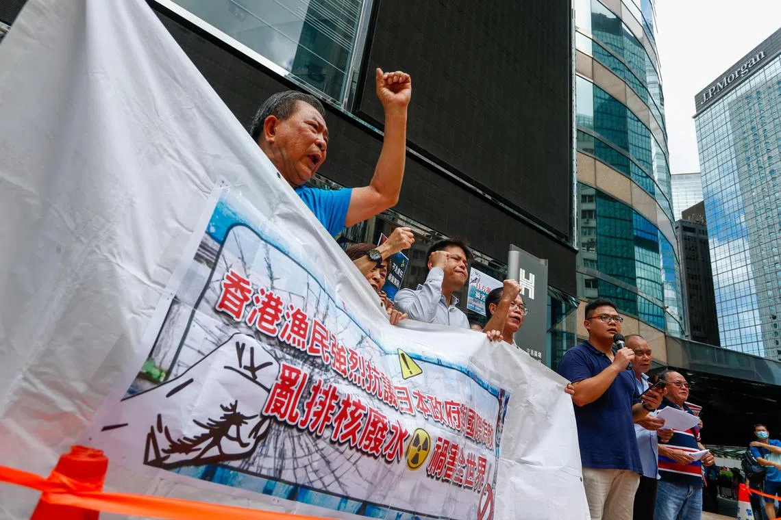 Hong Kong fishermen protest against the discharge of Fukushima treated water, outside the General-consulate of Japan, in Hong Kong, China, on August 23, 2023. 