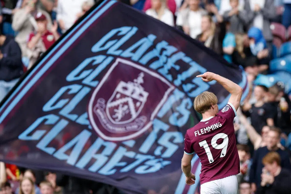 Burnley's Zian Flemming celebrates scoring their second goal in the 2-2 English Premier League draw against Aston Villa at Turf Moor on May 10, 2026.