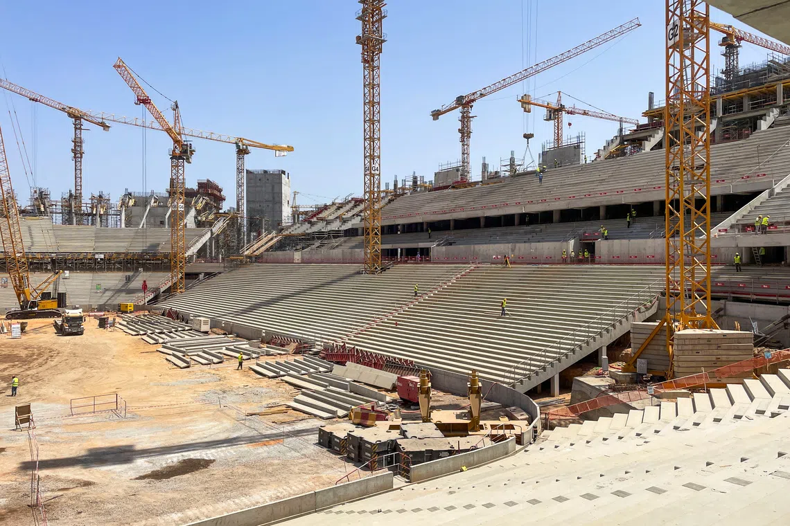 A general view shows construction works of the Hassan II Stadium, ahead of the World Cup, in Benslimane, near Casablanca, Morocco, May 23, 2026. Picture taken with a mobile phone. REUTERS/Ahmed Eljechtimi