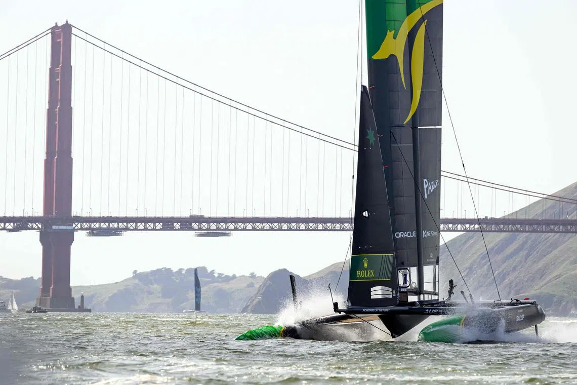 Australia SailGP Team with driver Tom Slingsby going towards the finish line during the season 3 Grand Final in San Francisco on May 7, 2023.