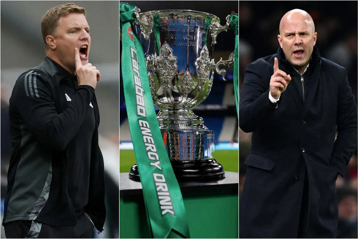 Newcastle United manager Eddie Howe (left) and Liverpool boss Arne Slot will be hoping to win their first trophy with their respective teams when they meet in the League Cup final on March 16.