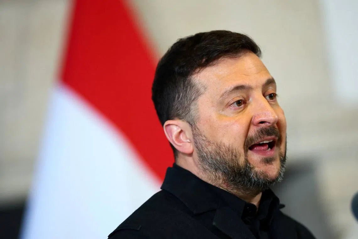 Ukraine's President Volodymyr Zelenskiy attends a press conference with Dutch Prime Minister Rob Jetten (not pictured), after the Four Freedoms Awards ceremony, in Middelburg, Netherlands, April 16, 2026.
