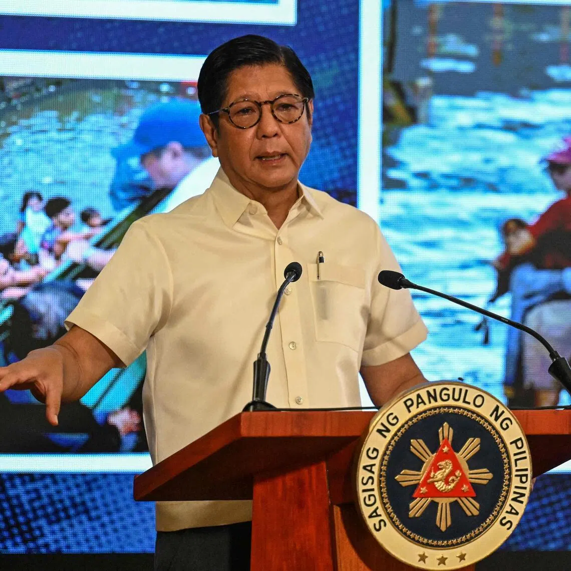 Philippine President Ferdinand Marcos speaks during a press conference at Malacanang Palace in Manila on August 11, 2025. (Photo by Jam STA ROSA / AFP)