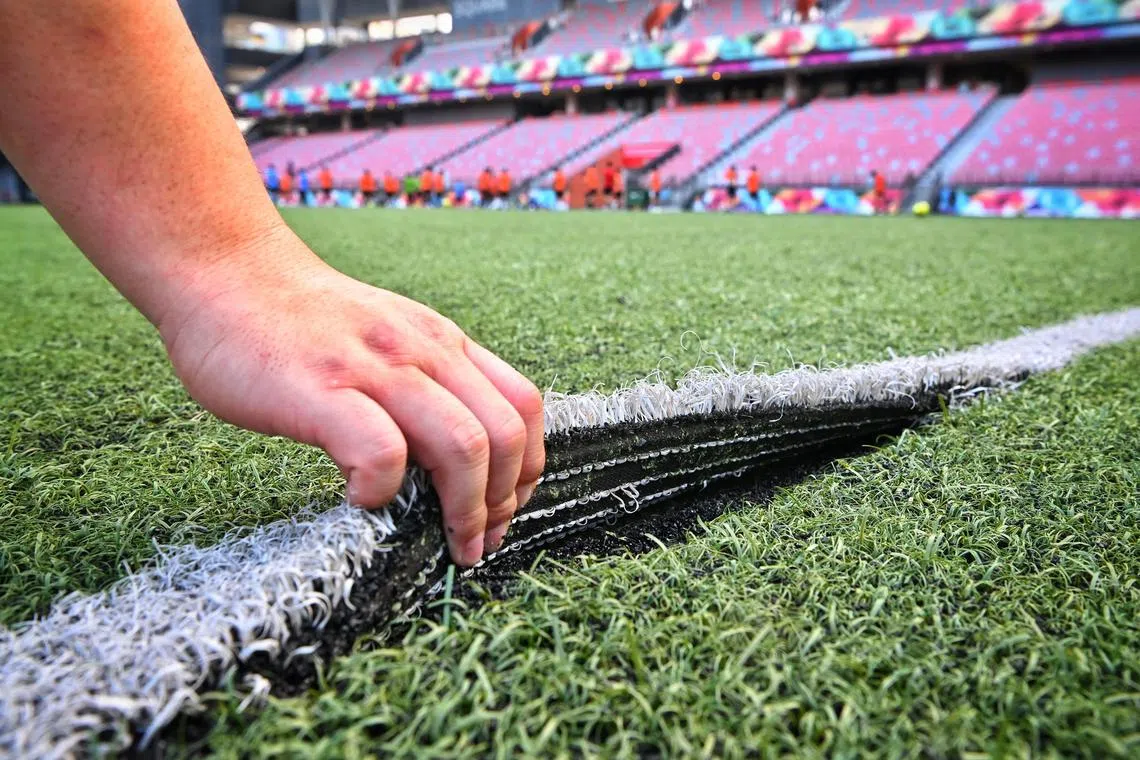A ripped patch is seen at the  pitch at Our Tampines Hub taken on April 11, 2023. 

The Singapore Premier League match between Geylang International and Balestier Khalsa, originally scheduled to take place on Tuesday at Our Tampines Hub, has been postponed Jalan Besar on Wednesday as the "the state of the pitch in OTH has unfortunately fallen short of the expected standards".