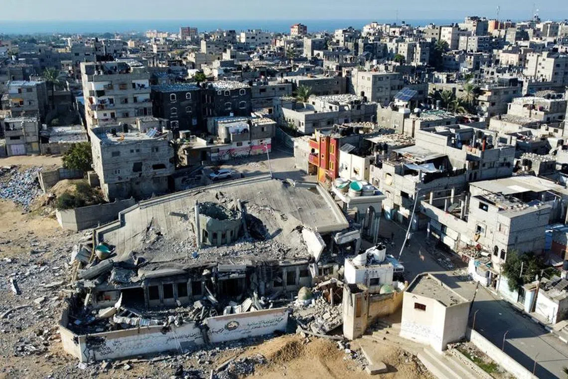 A mosque destroyed in Israeli strikes during the conflict lies in ruin, amid a temporary truce between the Palestinian Islamist group Hamas and Israel, in Khan Younis in the southern Gaza Strip November 29, 2023. REUTERS/Mohammed Salem