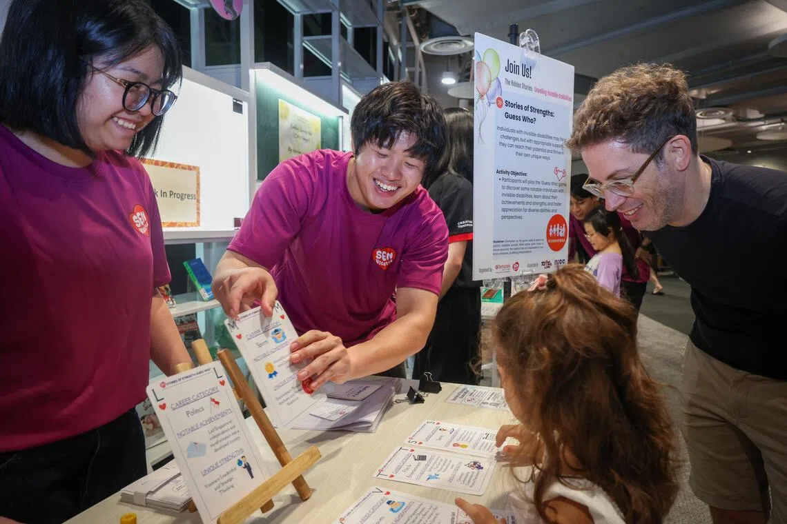 ST20251005_202541300219/ssdisability05/Jason Quah/

Temasek Polytechnic students Yong Hui Xin (left), 17, and Bryan Teo, 23, manning at an activity booth featuring well-known people with invisible disabilities, in The Hidden Stories: Unveiling Invisible disAbilities - a community engagement initiative by SENvocates, TP's student-led advocacy group that champions inclusivity and raises awareness of invisible Special Educational Needs (SEN), at Punggol Regional Library on Oct 5, 2025. ST PHOTO: JASON QUAH

About the booth:
Stories of Strengths: Guess Who?
Individuals with invisible disabilities may face challenges, but with appropriate support, they can reach their potential and thrive in their own unique ways.
Activity Objective:
• Participants will play the 'Guess Who' game to discover some notable individuals with invisible disabilities, learn about their achievements and strengths, and foster appreciation for diverse abilities and perspectives.