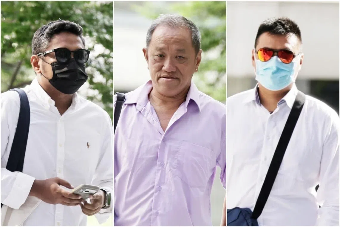 (From left) Muhammad Faiz Suhaimi, 33, Ho Ho Huat, 56, and Gary Lee Quan Hua, 35, were handed forgery charges on March 12.