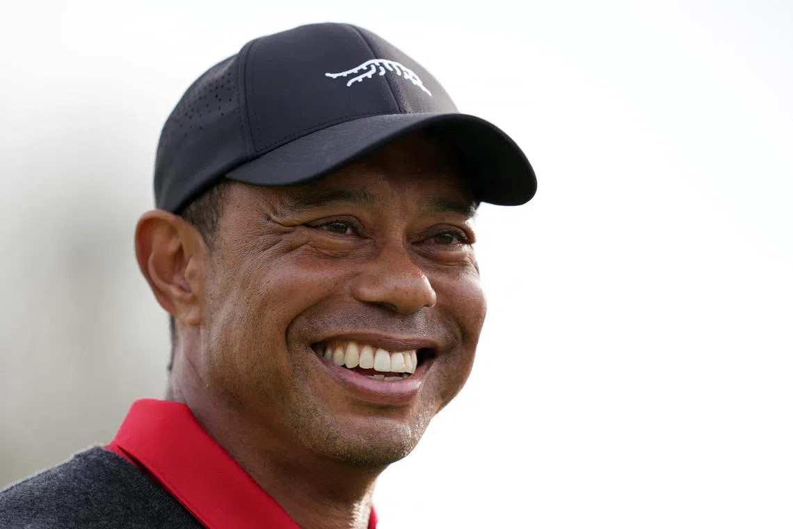 LA JOLLA, CALIFORNIA - FEBRUARY 16: Tiger Woods looks on during the trophy ceremony after the final round of The Genesis Invitational 2025 at Torrey Pines Golf Course on February 16, 2025 in La Jolla, California.   Michael Owens/Getty Images/AFP (Photo by Michael Owens / GETTY IMAGES NORTH AMERICA / Getty Images via AFP)