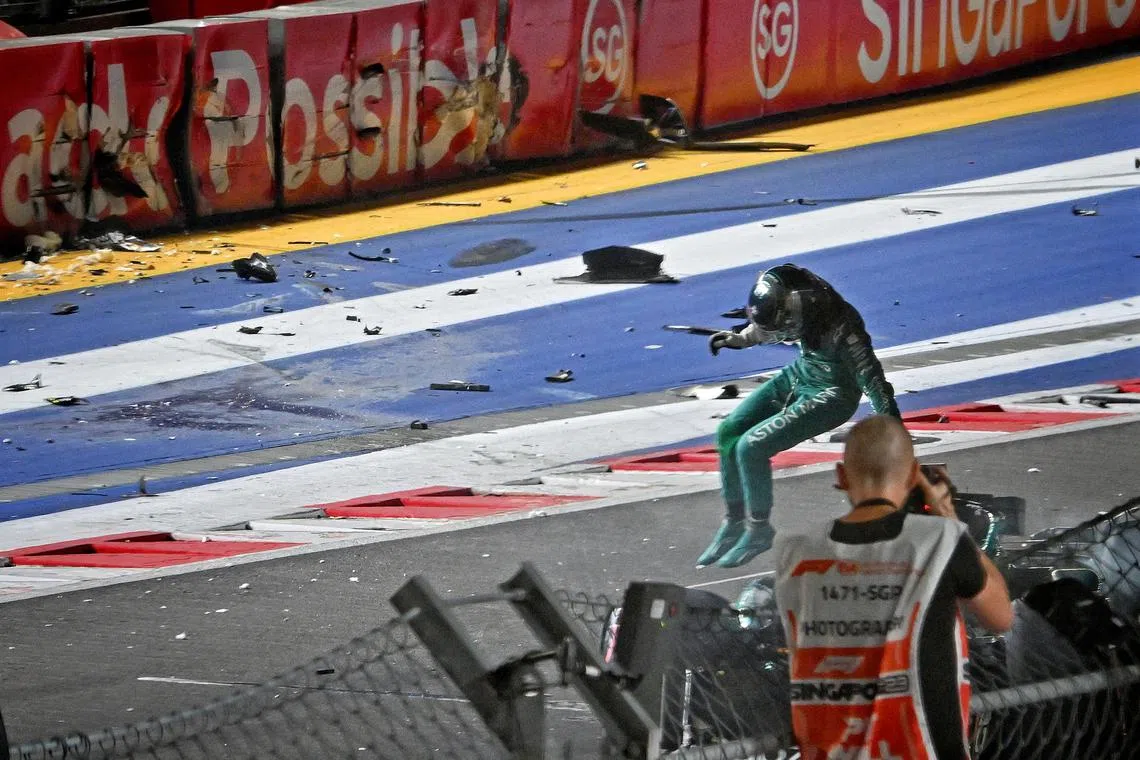 [NOTE: F1 photos are for editorial use only and NOT for sale] 
18 Lance Stroll of Aston Martin Aramco Cognizant F1 Team crashed near turn 19 during the qualifying session of the Formula One Singapore Airlines Singapore Grand Prix at Marina Bay street circuit on September 16, 2023.

/
Practice 3 and Qualifying session
of the Formula One Singapore Airlines Singapore Grand Prix at Marina Bay street circuit on
September 16, 2023.