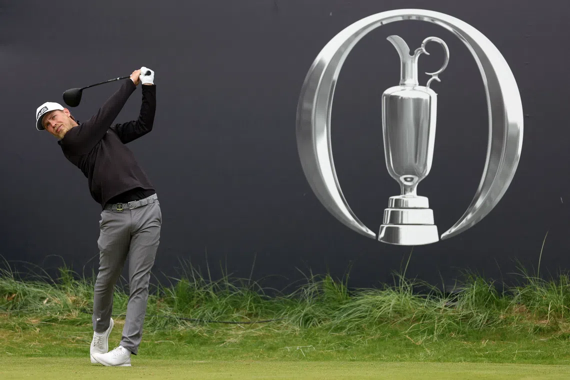 Golf - The 153rd Open Championship - Royal Portrush Golf Club, Portrush, Northern Ireland, Britain - July 15, 2025 Norway's Kristoffer Reitan hits his tee shot on the 1st hole during a practice round REUTERS/Russell Cheyne