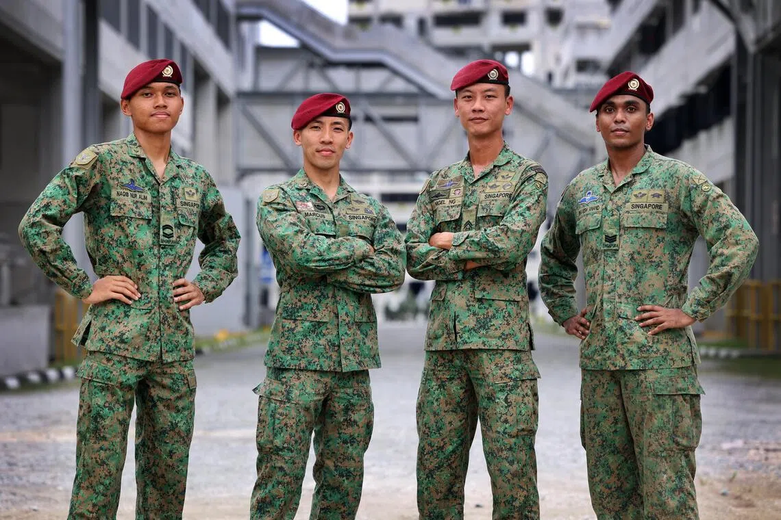 The 1st Commando Battalion’s commanding officer, Major Marcus Cheong (second from right), with (from left) Corporal First Class Mohammed Naqib Nur Alim Mohammed Haf, First Warrant Officer Nigel Ng Jian Yuan and Third Sergeant Bhavesh Anand.
