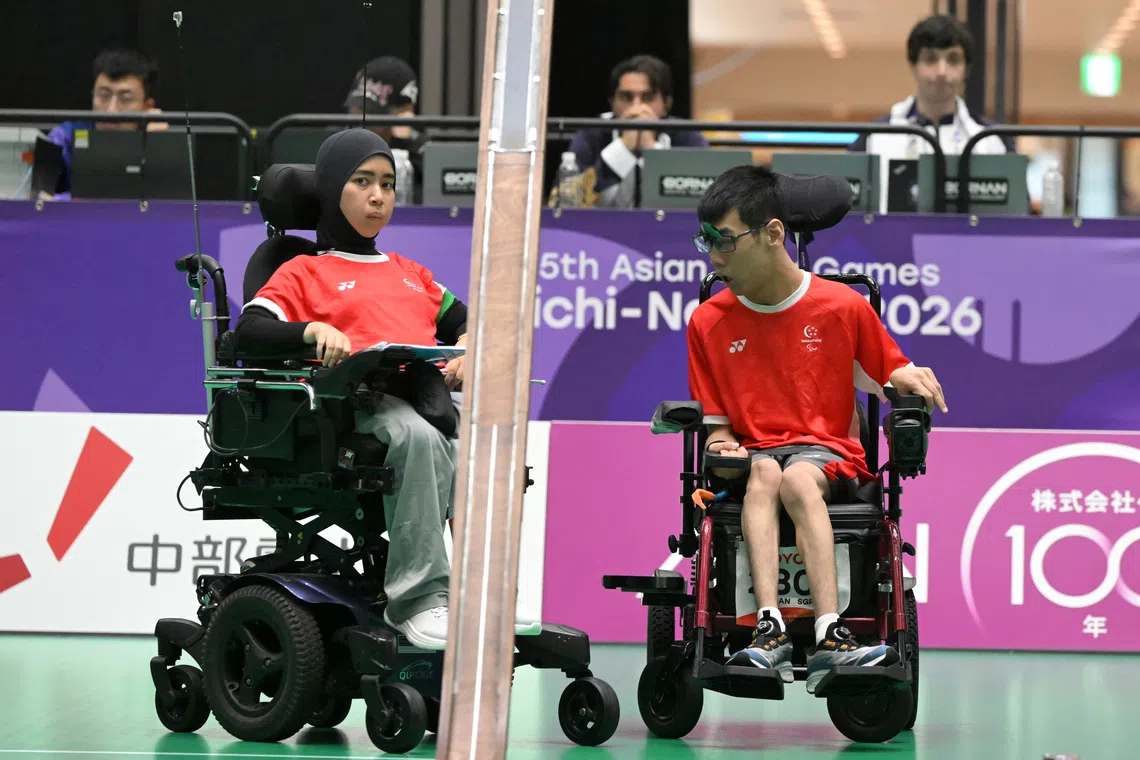 Singapore boccia athletes Aloysius Gan (right) and Nurulasyiqah Taha competing in the mixed pairs BC3 final on Oct 24.