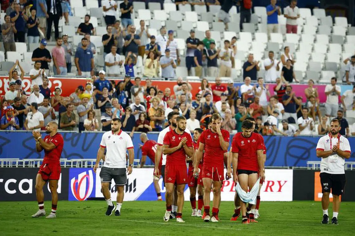 Rugby Union - Rugby World Cup 2023 - Pool D - Fiji v Georgia - Matmut Atlantique, Bordeaux, France - September 30, 2023 Georgia players look dejected after the match REUTERS/Sarah Meyssonnier