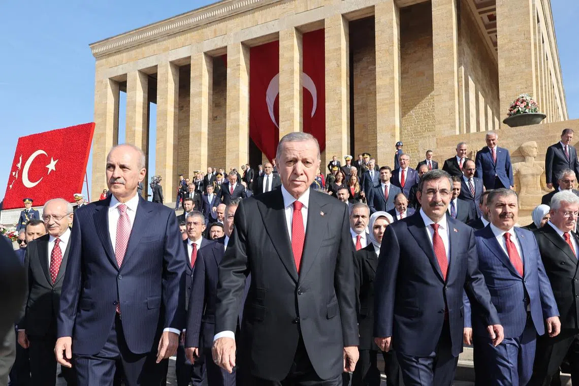 Turkish President Recep Tayyip Erdogan (centre) and state officials visit Anitkabir in Ankara, on Oct 29, 2023.