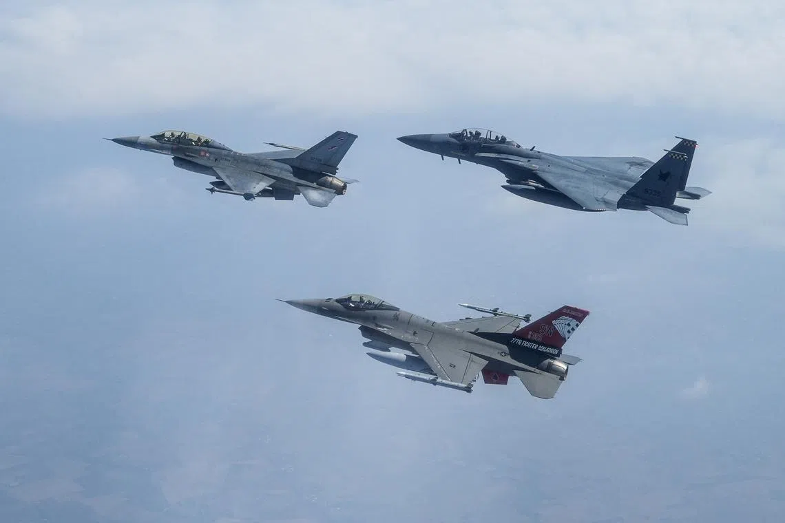 Aircraft from the Republic of Singapore Air Force, Royal Thai Air Force and United participating in the flying training exercise.