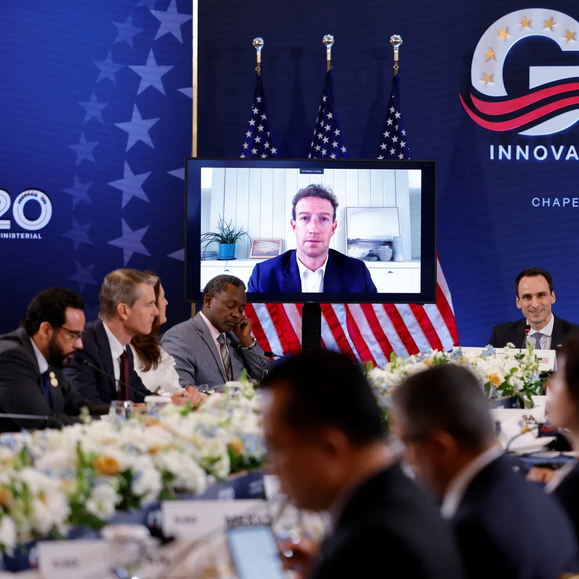Meta CEO Mark Zuckerberg speaking via video conference during a G-20 meeting in Chapel Hill, North Carolina, on Sept 1.