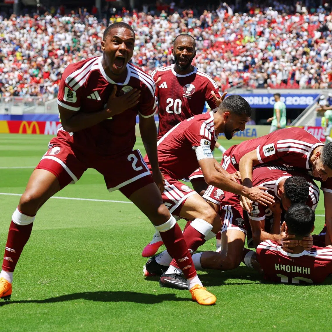 Soccer Football - FIFA World Cup 2026 - Group B - Qatar v Switzerland - San Francisco Bay Area Stadium, Santa Clara, California, U.S. - June 13, 2026 Qatar's Pedro Miguel celebrates after Boualem Khoukhi scored their first goal REUTERS/Carlos Barria