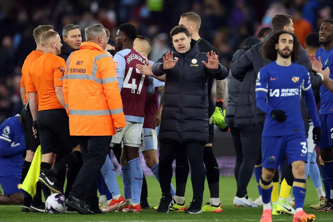 Soccer Football - Premier League - Aston Villa v Chelsea - Villa Park, Birmingham, Britain - April 27, 2024 Chelsea manager Mauricio Pochettino reacts after the match Action Images via Reuters/Andrew Boyers