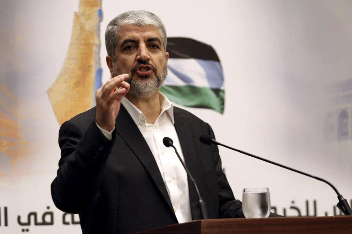 FILE PHOTO: Hamas leader Khaled Meshaal speaks during a news conference in Doha, Qatar September 7, 2015. REUTERS/Naseem Zeitoon/File Photo
