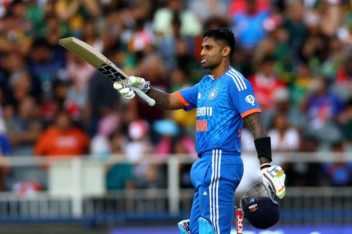 FILE PHOTO: Cricket - Third T20 International - South Africa v India - Wanderers Stadium, Johannesburg, South Africa - December 14, 2023 India's Suryakumar Yadav celebrates after reaching his century REUTERS/Siphiwe Sibeko/File Photo
