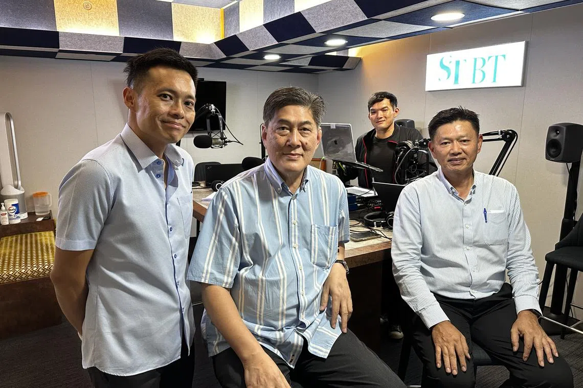 (From left) ST senior transport correspondent Lee Nian Tjoe, Mr Neo Nam Heng, adviser to the Automobile Importer and Exporter Association and chairman of diversified motor group Prime, podcast producer Teo Tong Kai and Mr Neo Thiam Ting, President of Singapore Vehicle Traders Association.
