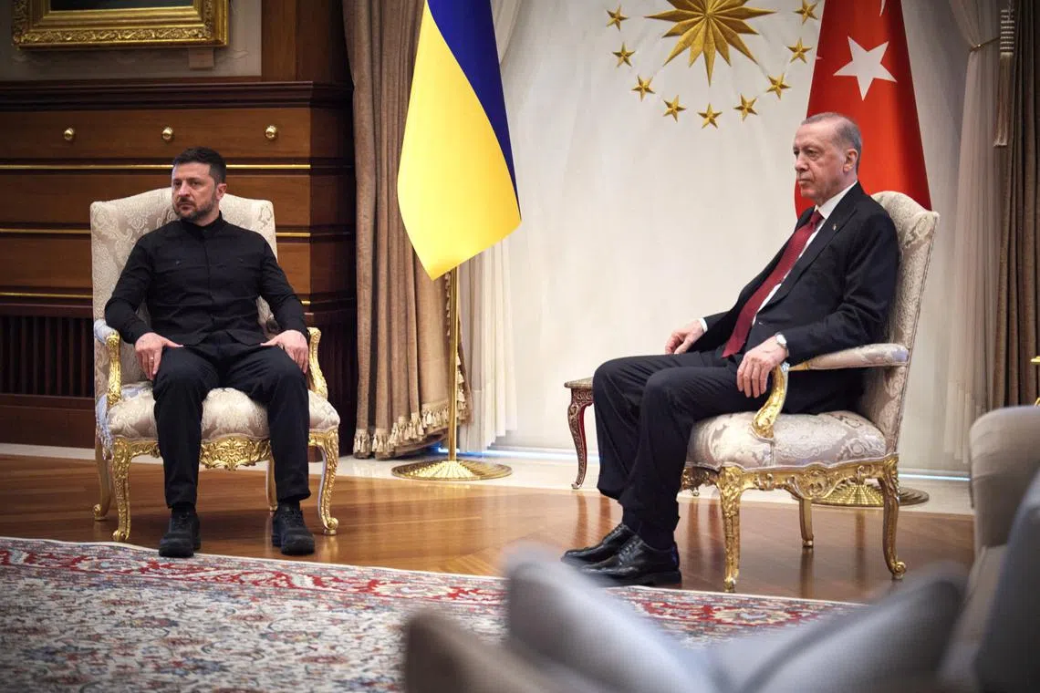 Turkey's President Tayyip Erdogan and Ukraine's President Volodymyr Zelenskiy attend a meeting at the Presidential Palace in Ankara, Turkey May 15, 2025. Ukrainian Presidential Press Service/Handout via REUTERS