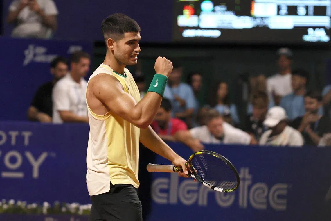 Carlos Alcaraz of Spain celebrating his victory against Camilo Ugo Carabelli of Argentina during their round of 16 match in the Argentina Open.