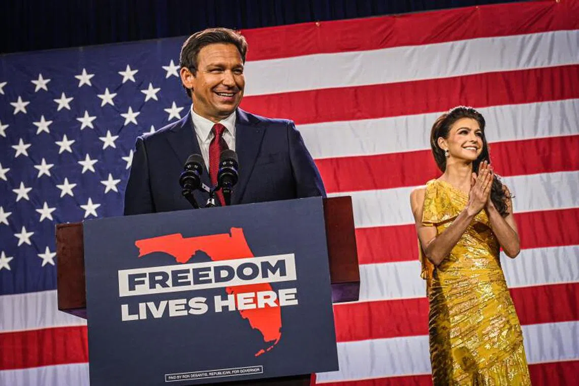 Mr Ron DeSantisspeaks to supporters during an election night watch party at the Convention Center in Tampa, Florida, on Nov 8, 2022.