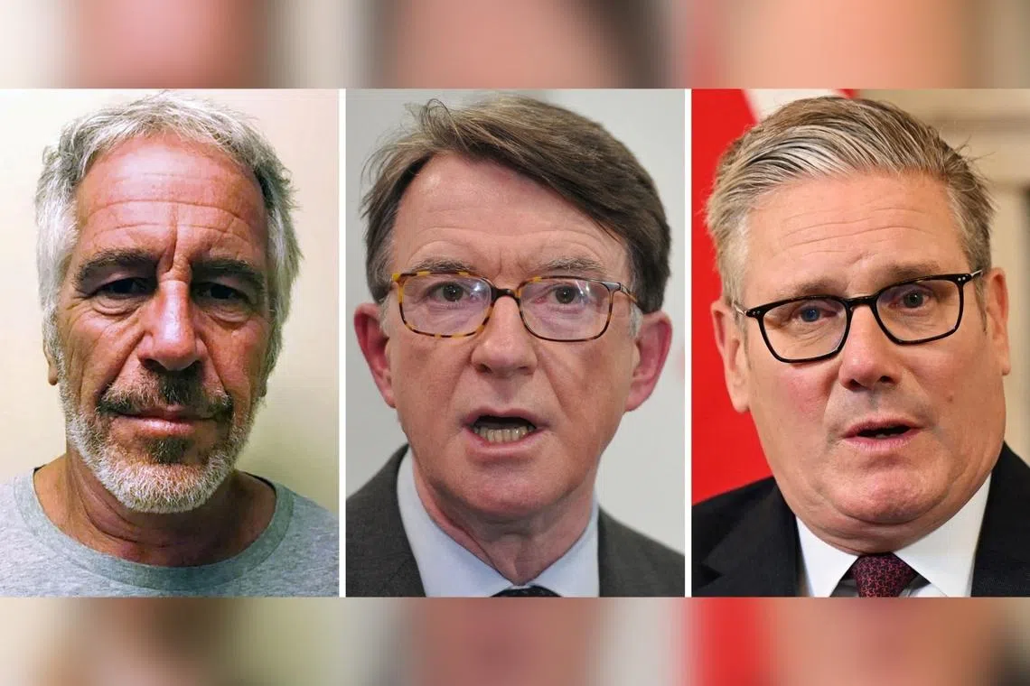(From left) The late paedophile Jeffrey Epstein, British politician Peter Mandelson and British Prime Minister Keir Starmer, whose decision to appoint Mr Mandelson as ambassador to Washington is proving politically disastrous.