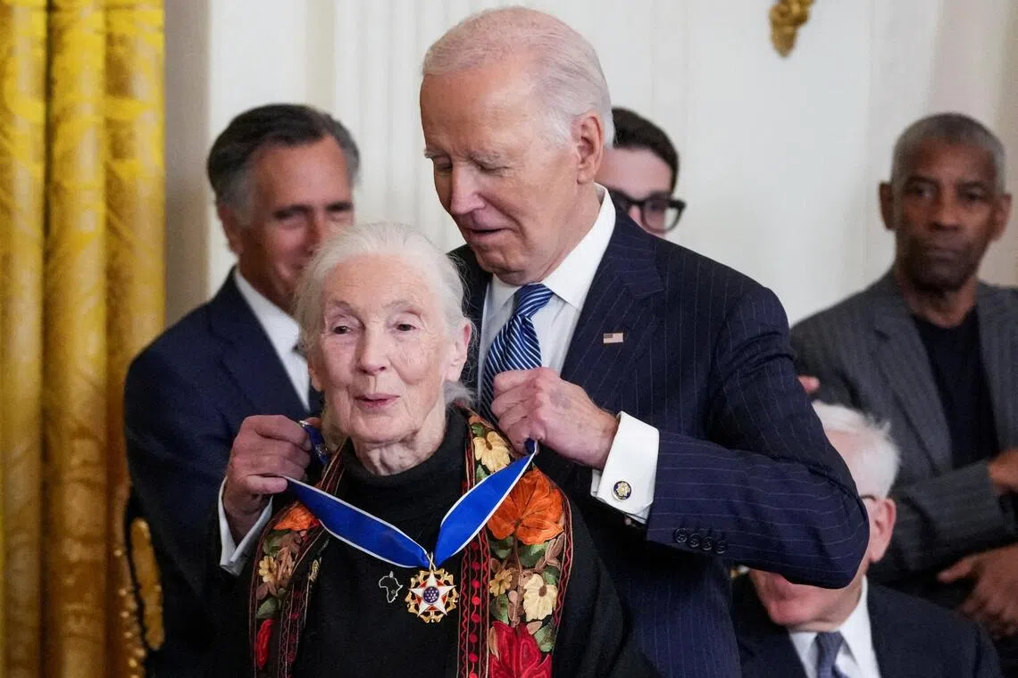 FILE PHOTO: U.S. President Joe Biden presents the Presidential Medal of Freedom to Primatologist, Ethologist and Anthropologist Jane Goodall, during a ceremony in the East Room of the White House, in Washington, U.S. January 4, 2025. REUTERS/Ken Cedeno/File Photo
