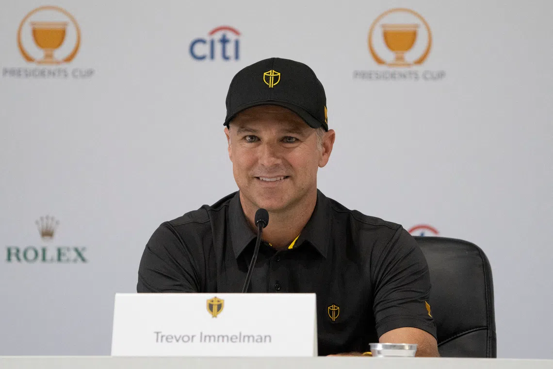 Sep 20, 2022; Charlotte, North Carolina, USA; International Team captain Trevor Immelman smiles while addressing the media in a press conference during a practice day for the Presidents Cup golf tournament at Quail Hollow Club. Mandatory Credit: Kyle Terada-USA TODAY Sports