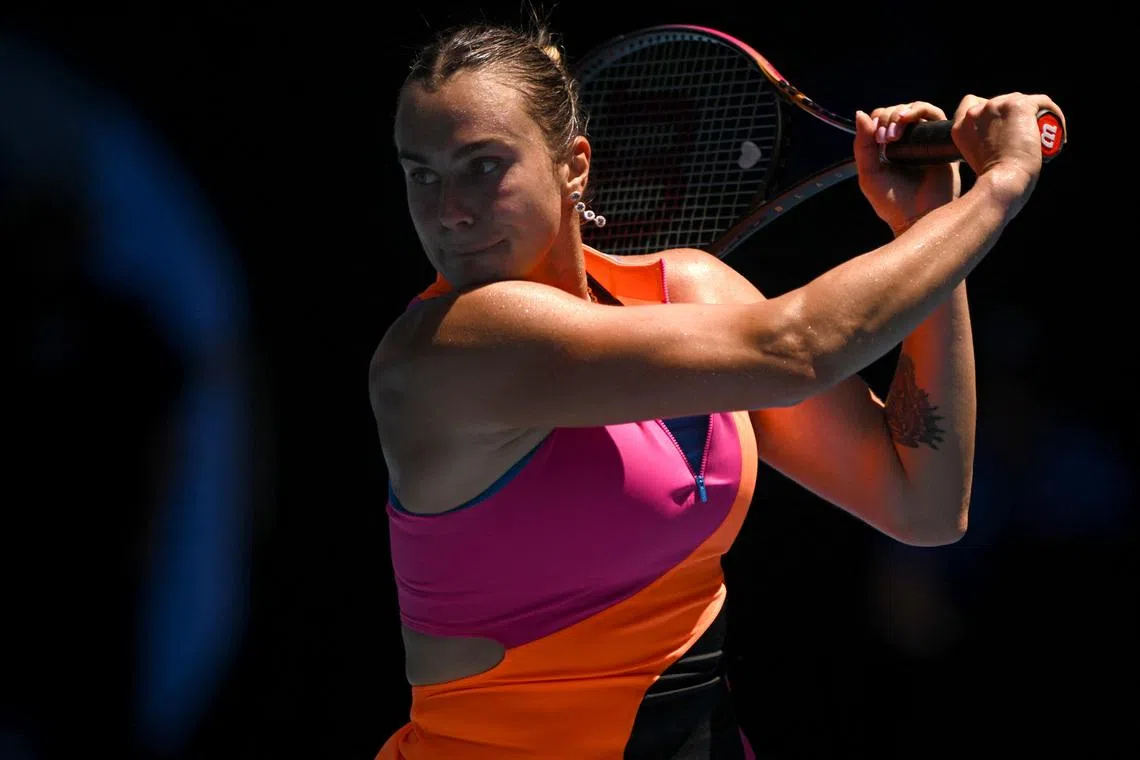 Tennis - Australian Open - Melbourne Park, Melbourne, Australia - January 27, 2026 Belarus' Aryna Sabalenka in action during her quarter final match against Iva Jovic of the U.S. REUTERS/Jaimi Joy