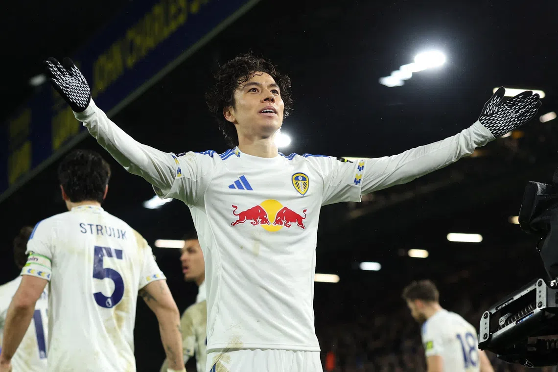 Soccer Football - Premier League - Leeds United v Liverpool - Elland Road, Leeds, Britain - December 6, 2025 Leeds United's Ao Tanaka celebrates scoring their third goal Action Images via Reuters/Andrew Boyers