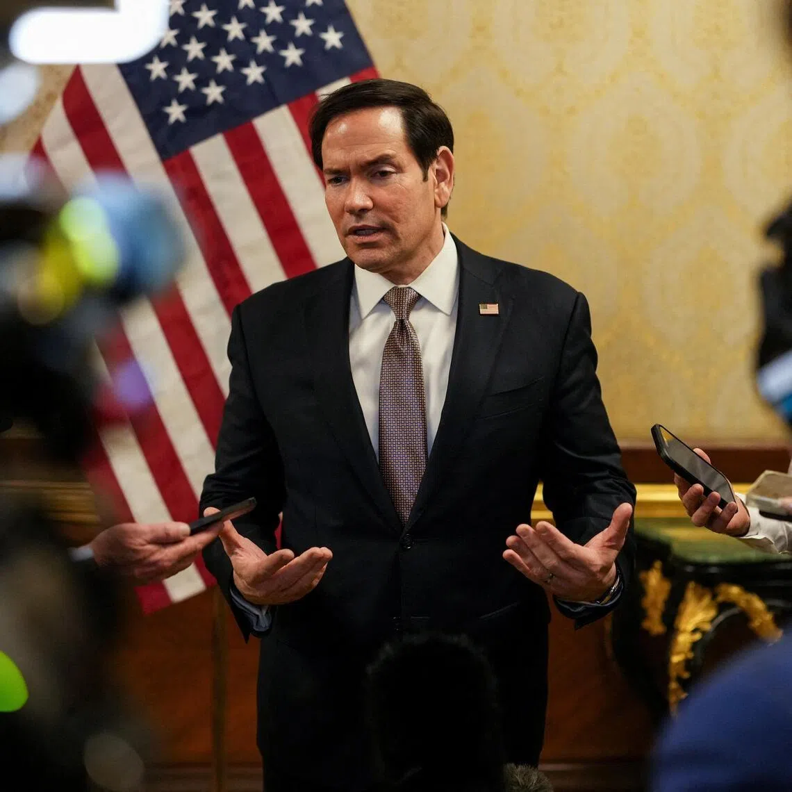 US Secretary of State Marco Rubio speaking to members of the media before leaving Kuwait for Bahrain on June 24.