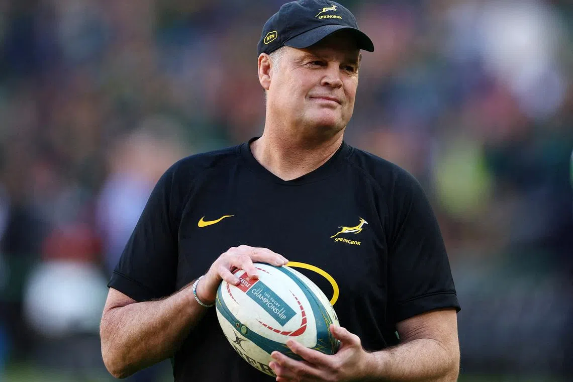 FILE PHOTO: Rugby Union - Rugby Championship - South Africa v New Zealand - Ellis Park, Johannesburg, South Africa - August 31, 2024 South Africa coach Rassie Erasmus before the match REUTERS/Siphiwe Sibeko/File Photo