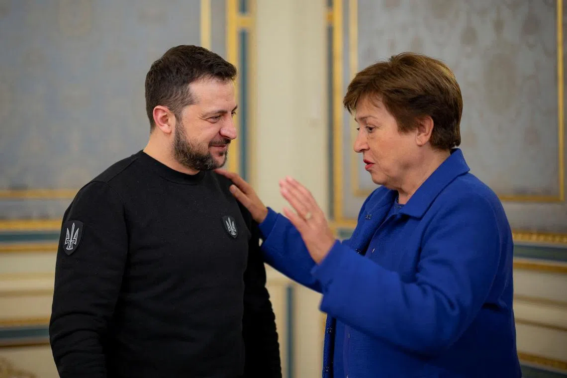 Ukraine's President Volodymyr Zelensky welcomes the IMF's Ms Georgieva to Kyiv,  on Feb 20, 2023.