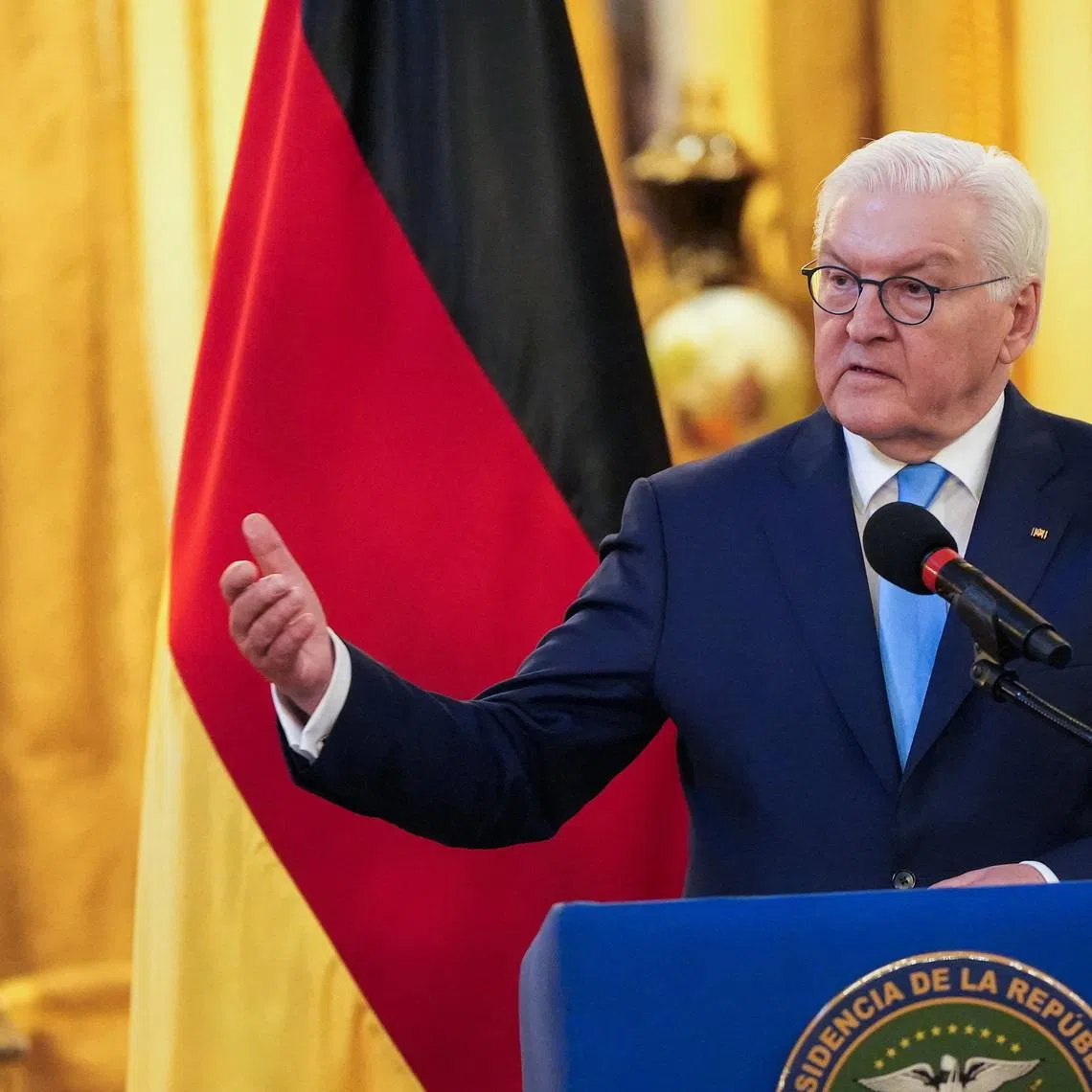 German President Frank-Walter Steinmeier speaks, during a press conference with Panama's President Jose Raul Mulino (not pictured) at the Palacio de las Garzas Presidential Palace, in Panama City, Panama, March 16, 2026. REUTERS/Enea Lebrun