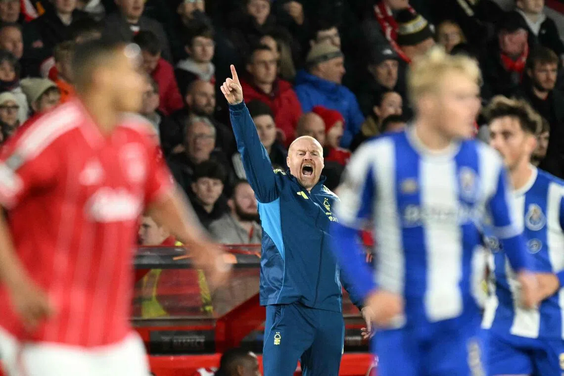 Nottingham Forest head coach Sean Dyche gesturing from the touchline during the Europa League match between Nottingham Forest and Porto at The City Ground.