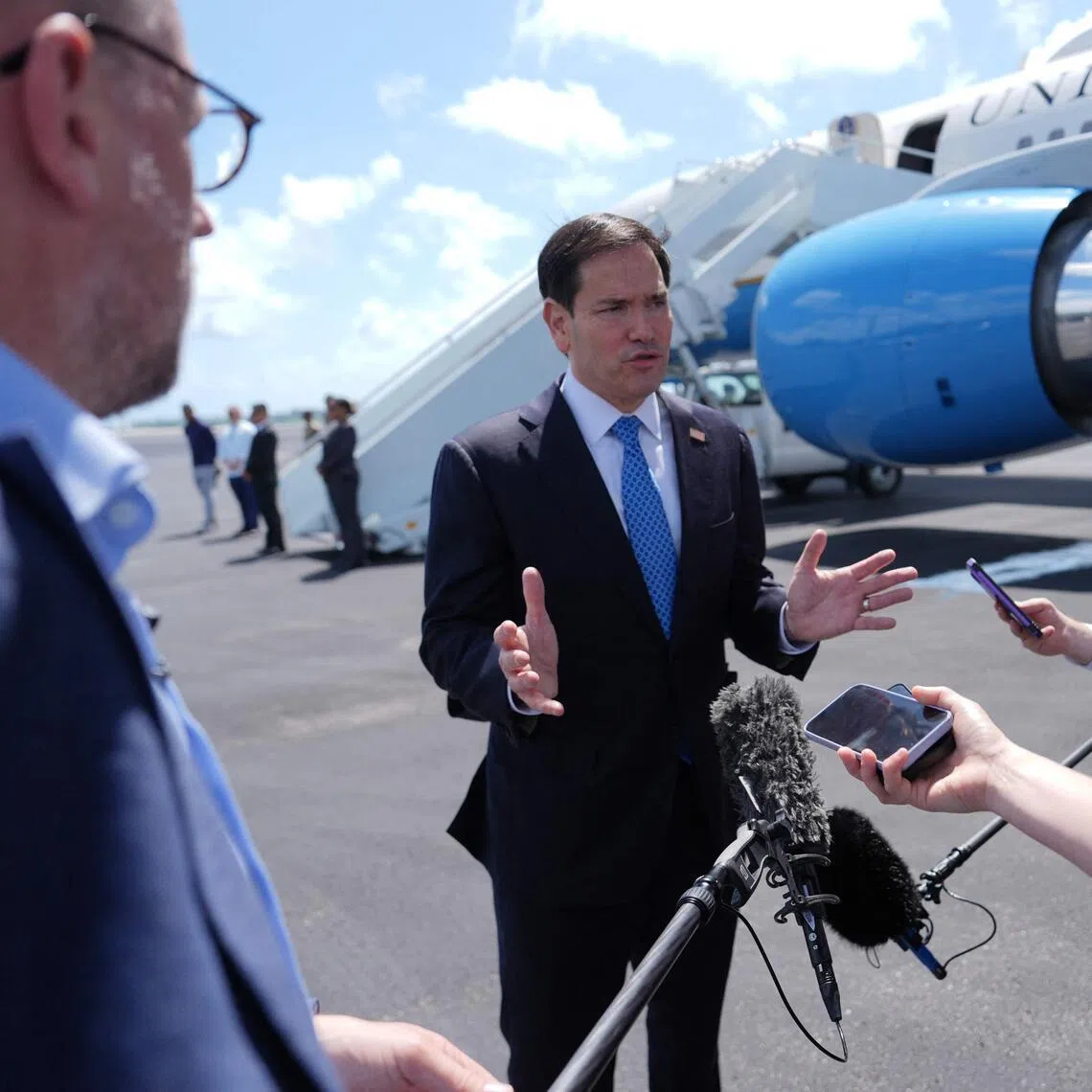 US Secretary of State Marco Rubio speaking to the press before boarding his plane on May 21 to travel to a meeting of NATO foreign ministers in Sweden.
