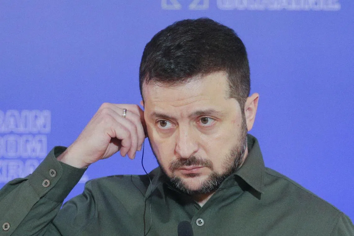 Ukrainian President Volodymyr Zelensky speaks during a joint press conference, following a meeting of top EU politicians in Kyiv, on Nov 26, 2022.