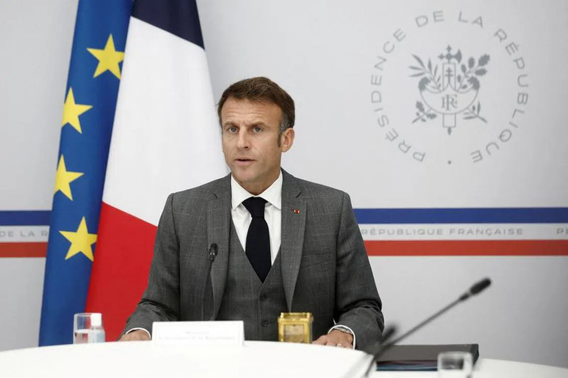 French President Emmanuel Macron attends a video-conference with the families of French hostages by the Hamas militants who had entered Israel from the Gaza Strip, at the Elysee Palace in Paris, France, October 20, 2023. REUTERS/Benoit Tessier/Pool