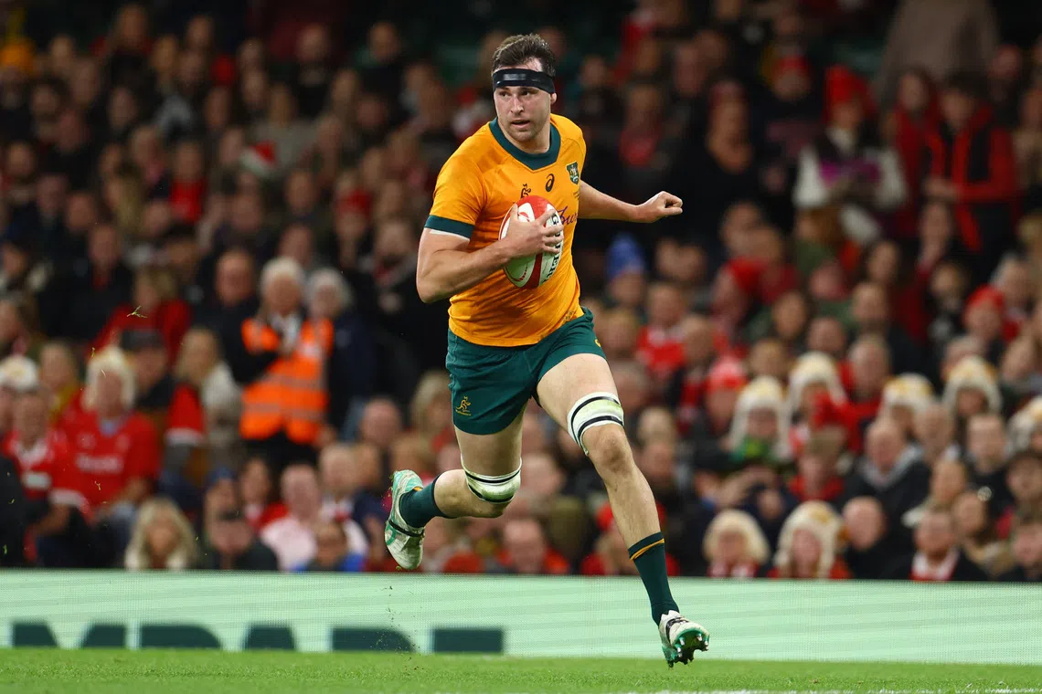 Rugby Union - Autumn Internationals - Wales v Australia - Millennium Stadium, Cardiff, Wales, Britain - November 17, 2024 Australia's Nick Frost scores a try REUTERS/Molly Darlington