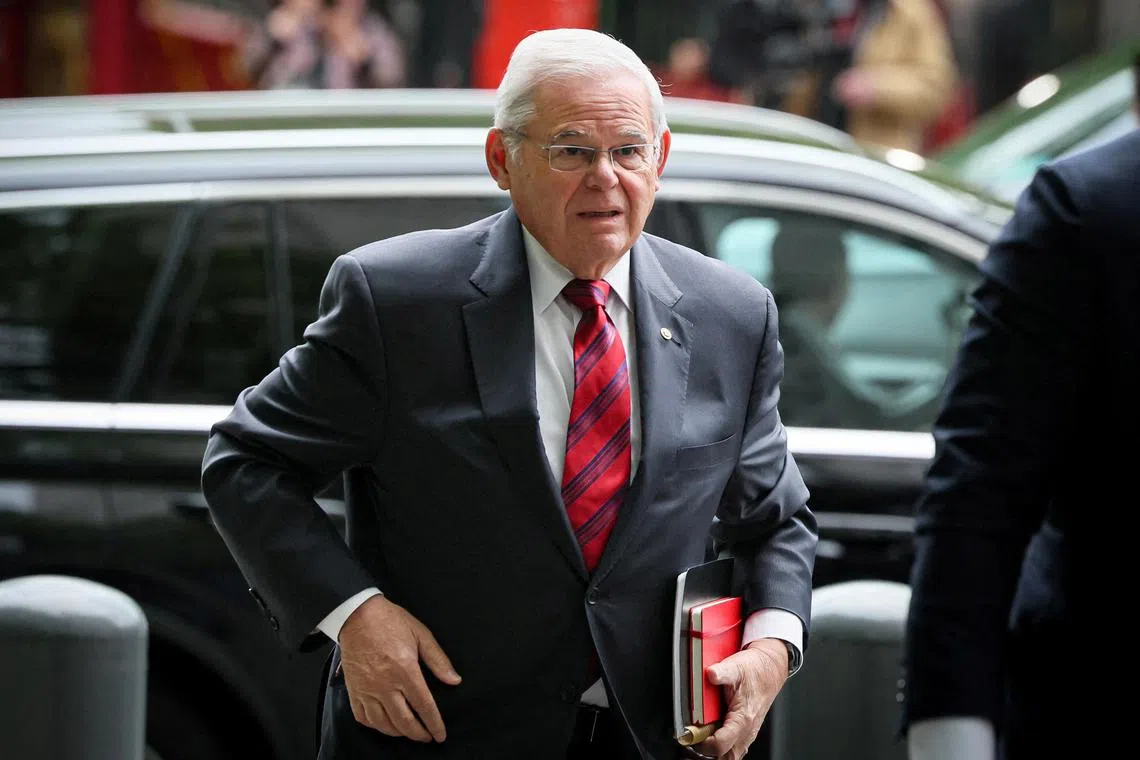 Democratic US Senator Robert Menendez  arriving at court for the start of his bribery trial, in May 2024.