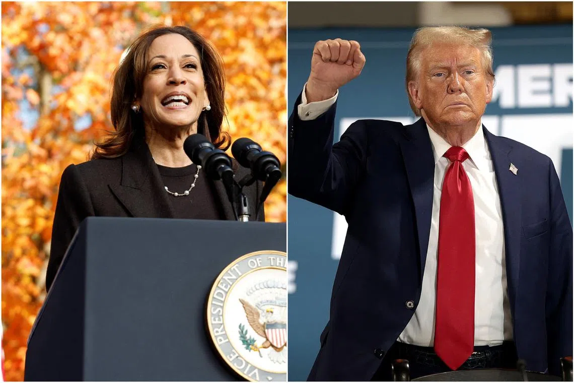 Ms Kamala Harris and Donald Trump barrelled through the battleground state of Michigan on Oct 18.