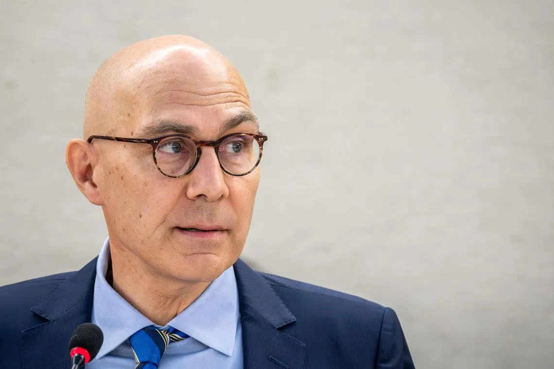 UN High Commissioner for Human Rights Volker Turk delivers a speech at the opening of the 53rd UN Human Rights Council in Geneva, on June 19, 2023. The UN rights chief voiced alarm on June 19 at attempts by several countries to silence human rights defenders and other civil society members, including those who cooperate with his office. (Photo by Fabrice COFFRINI / AFP)