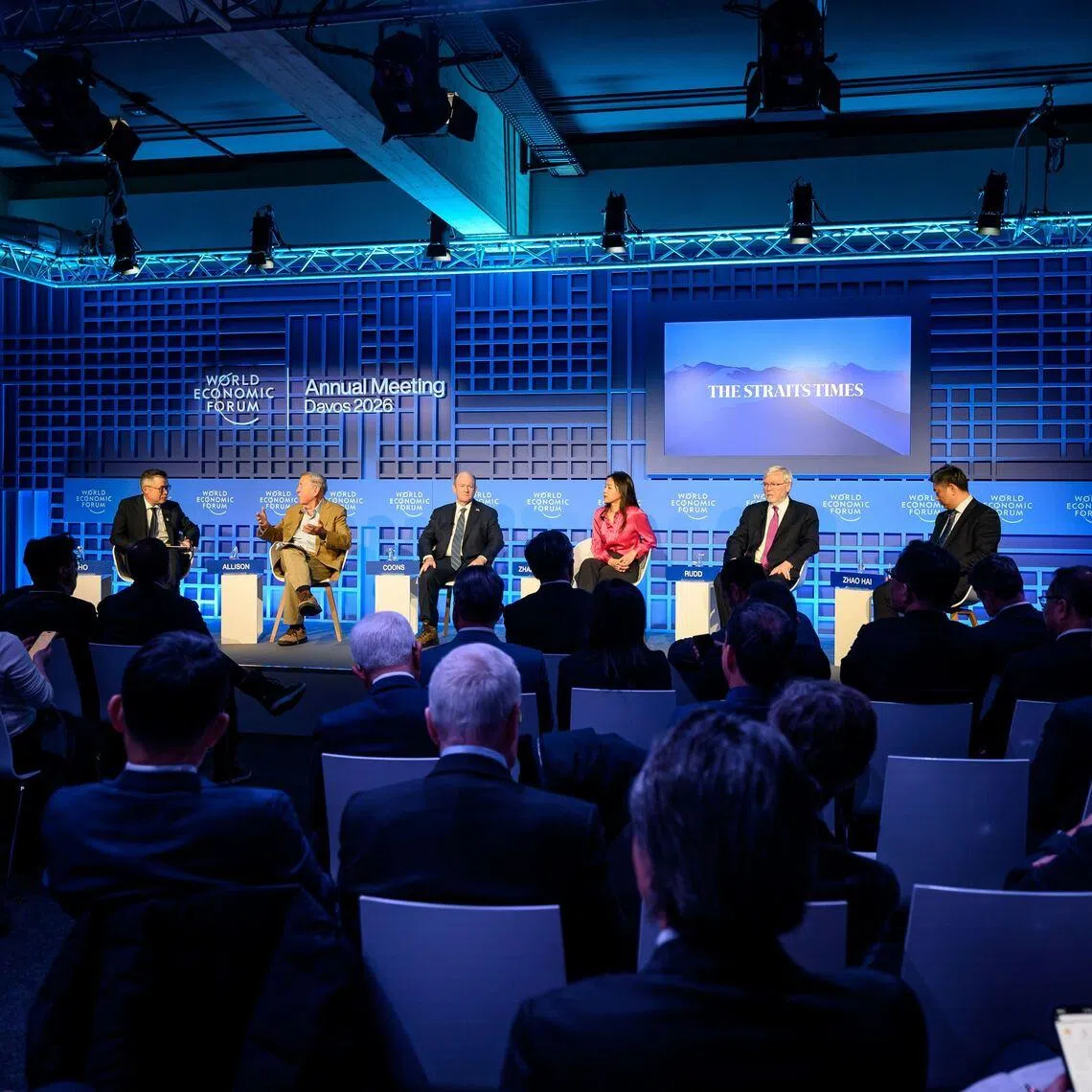 (From left) ST editor Jaime Ho moderating a panel discussion by Harvard University’s Douglas Dillon Professor of Government Graham Allison, United States senator for Delaware Chris Coons, University of Southern California law professor Angela Zhang, former Australian Prime Minister Kevin Rudd and director for the international politics programme at the Chinese Academy of Social Sciences’ National Institute for Global Strategy Zhao Hai at a panel discussion on US-China ties during the World Economic Forum in Davos, Switzerland.
