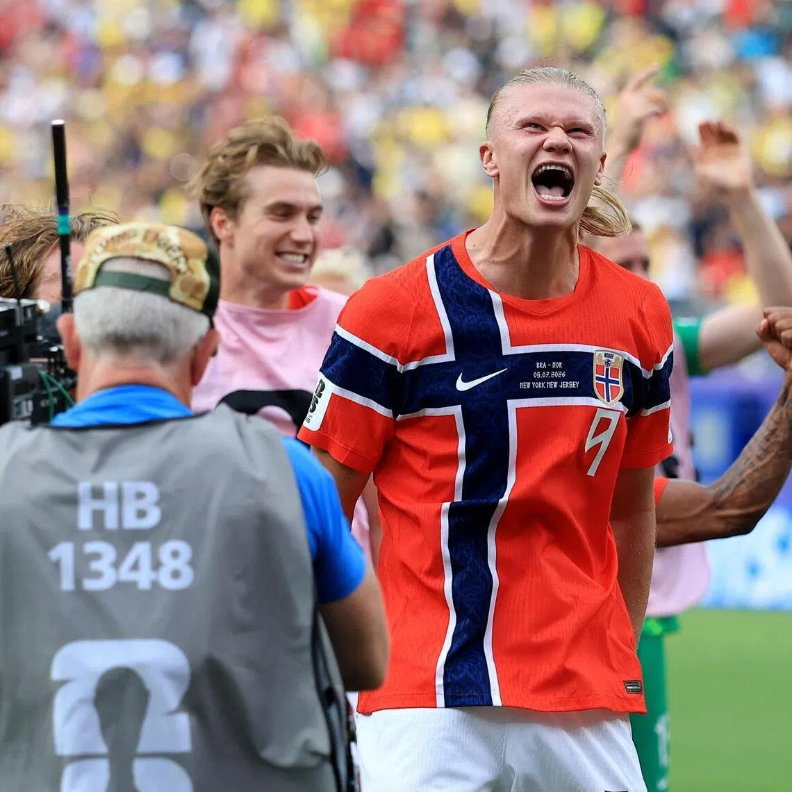 Erling Haaland celebrating after Norway’s 2-1 victory over Brazil on July 5.