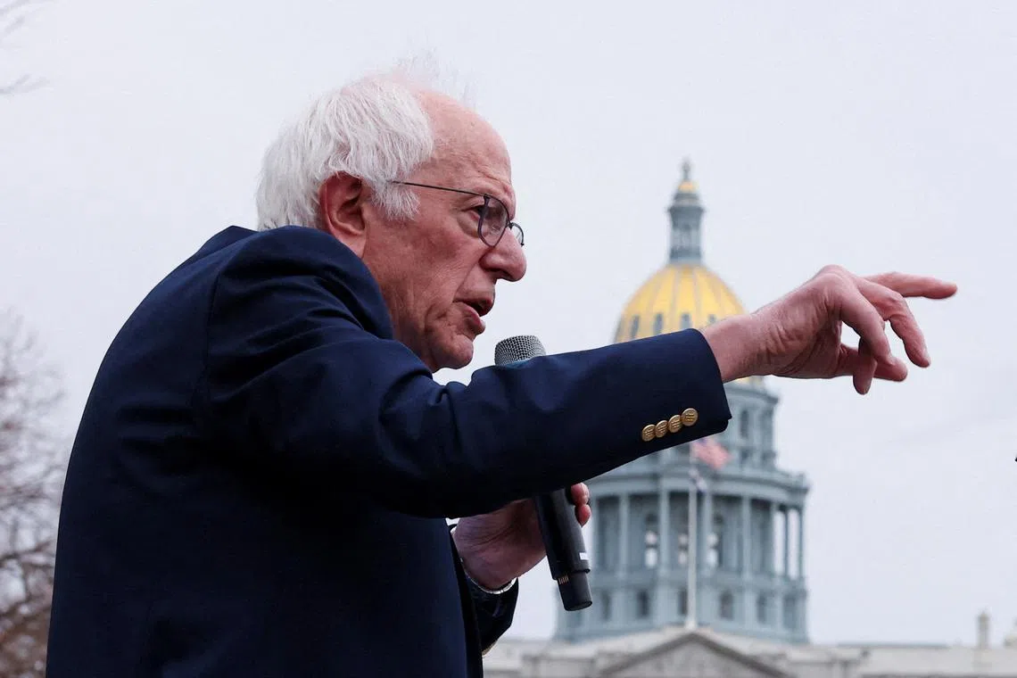 FILE PHOTO: U.S. Senator Bernie Sanders (I-VT) speaks during a \"Fighting Oligarchy\" rally with U.S. Representative Alexandria Ocasio-Cortez (D-NY) in Denver, Colorado, U.S. March 21, 2025. REUTERS/Kevin Mohatt/File Photo