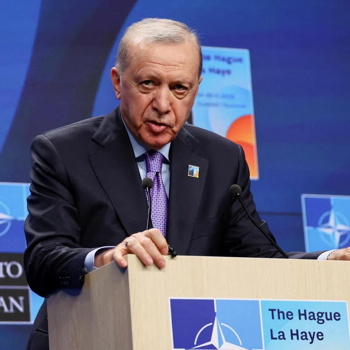 FILE PHOTO: Turkey's President Tayyip Erdogan speaks during a press conference at the NATO summit in The Hague, Netherlands June 25, 2025. REUTERS/Piroschka Van De Wouw/File Photo